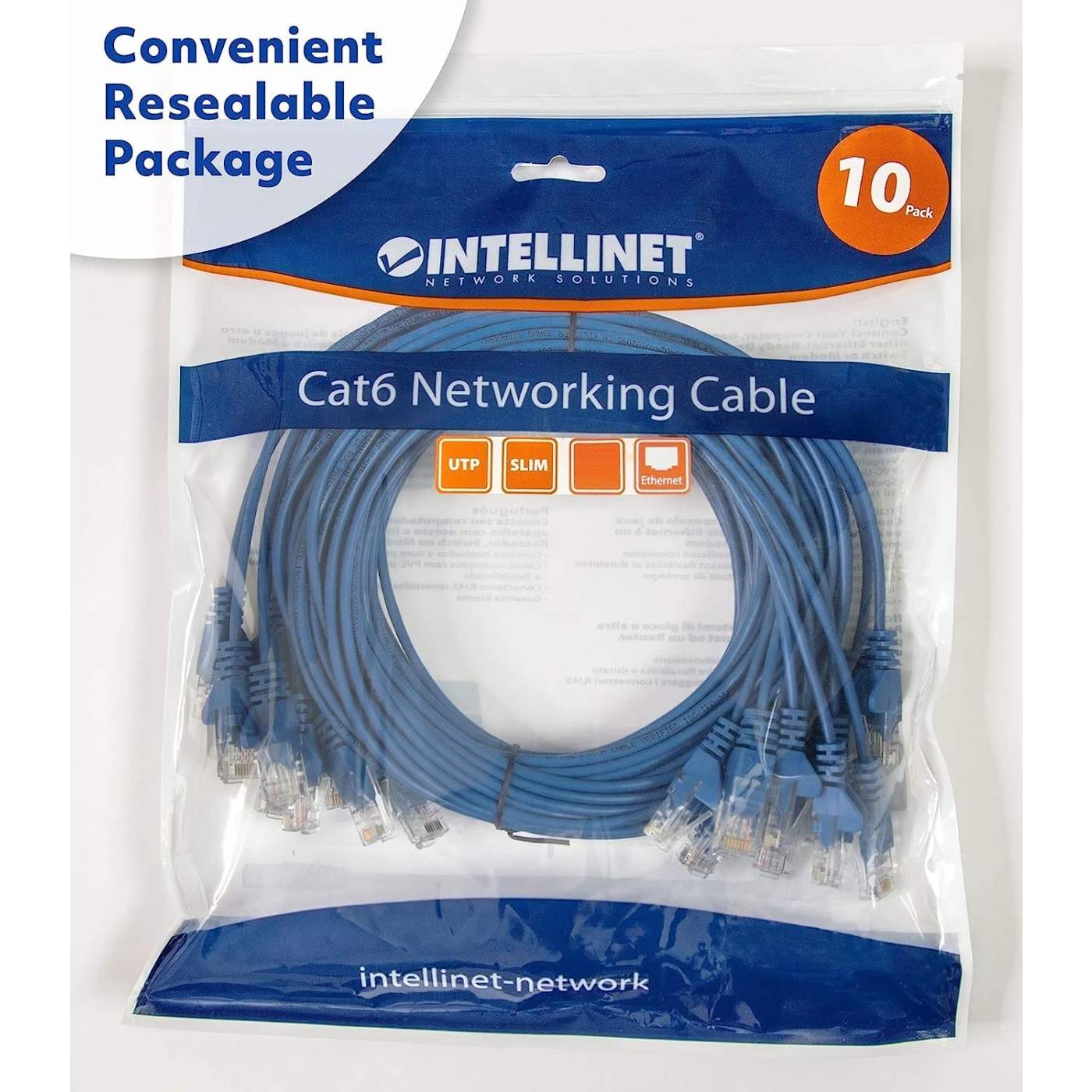 Cat6 U/UTP Slim Network Patch Cable, 10 ft., Blue, 10-Pack Packaging Image 2