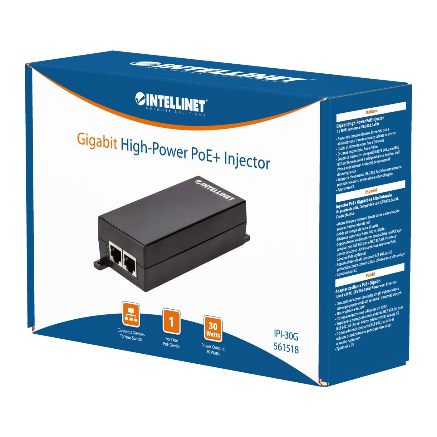 Intellinet 1-Port Gigabit High-Power PoE+ Injector