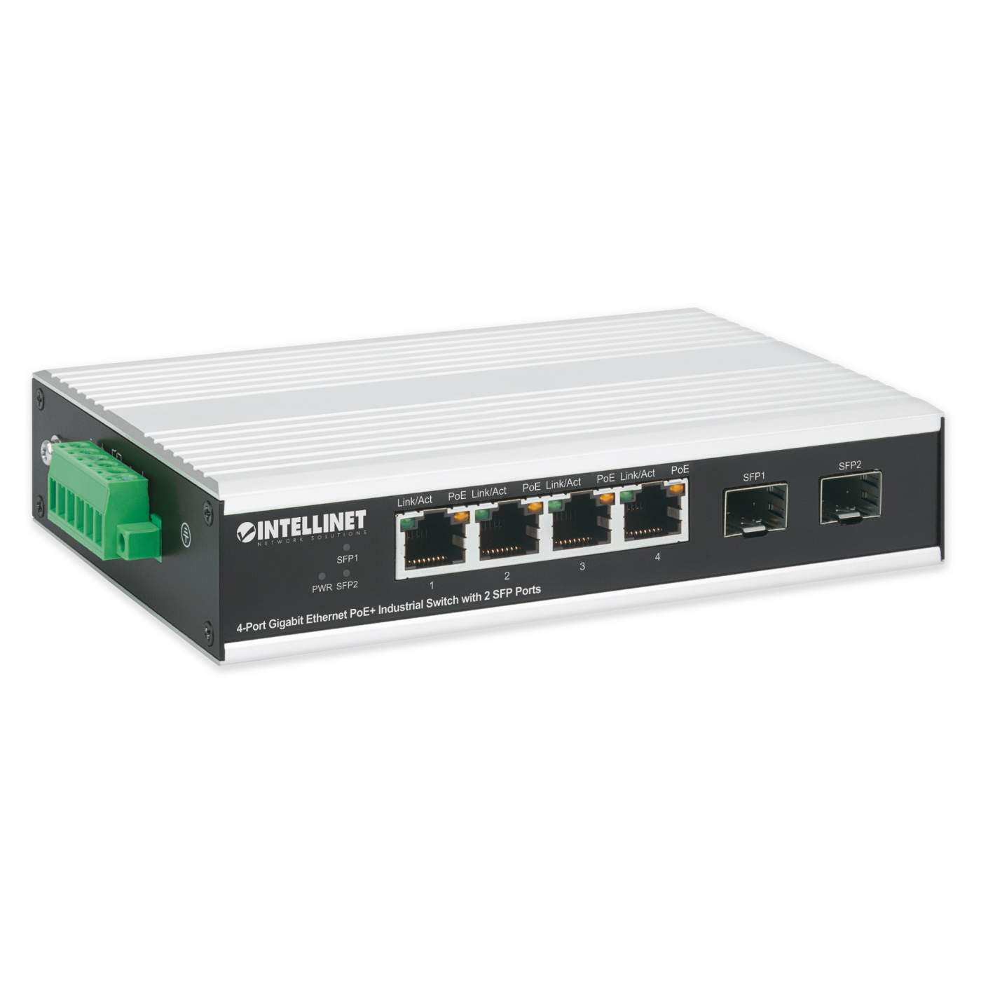 Industrial 4-Port Gigabit Ethernet PoE+ Switch with 2 SFP Ports Image 3
