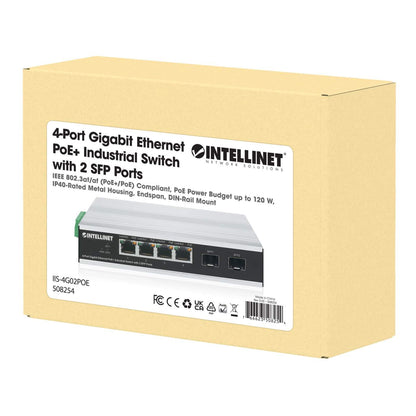 Industrial 4-Port Gigabit Ethernet PoE+ Switch with 2 SFP Ports Packaging Image 2