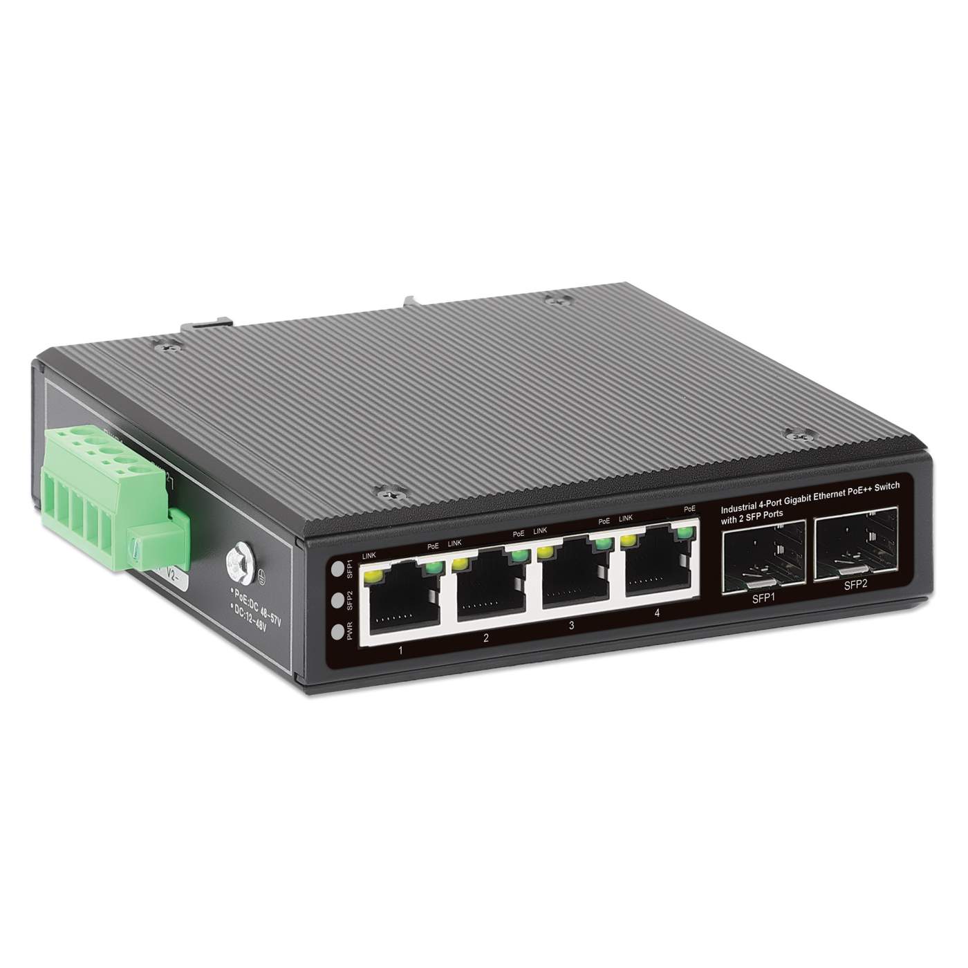 Industrial 4-Port Gigabit Ethernet PoE++ Switch with 2 SFP Ports Image 3