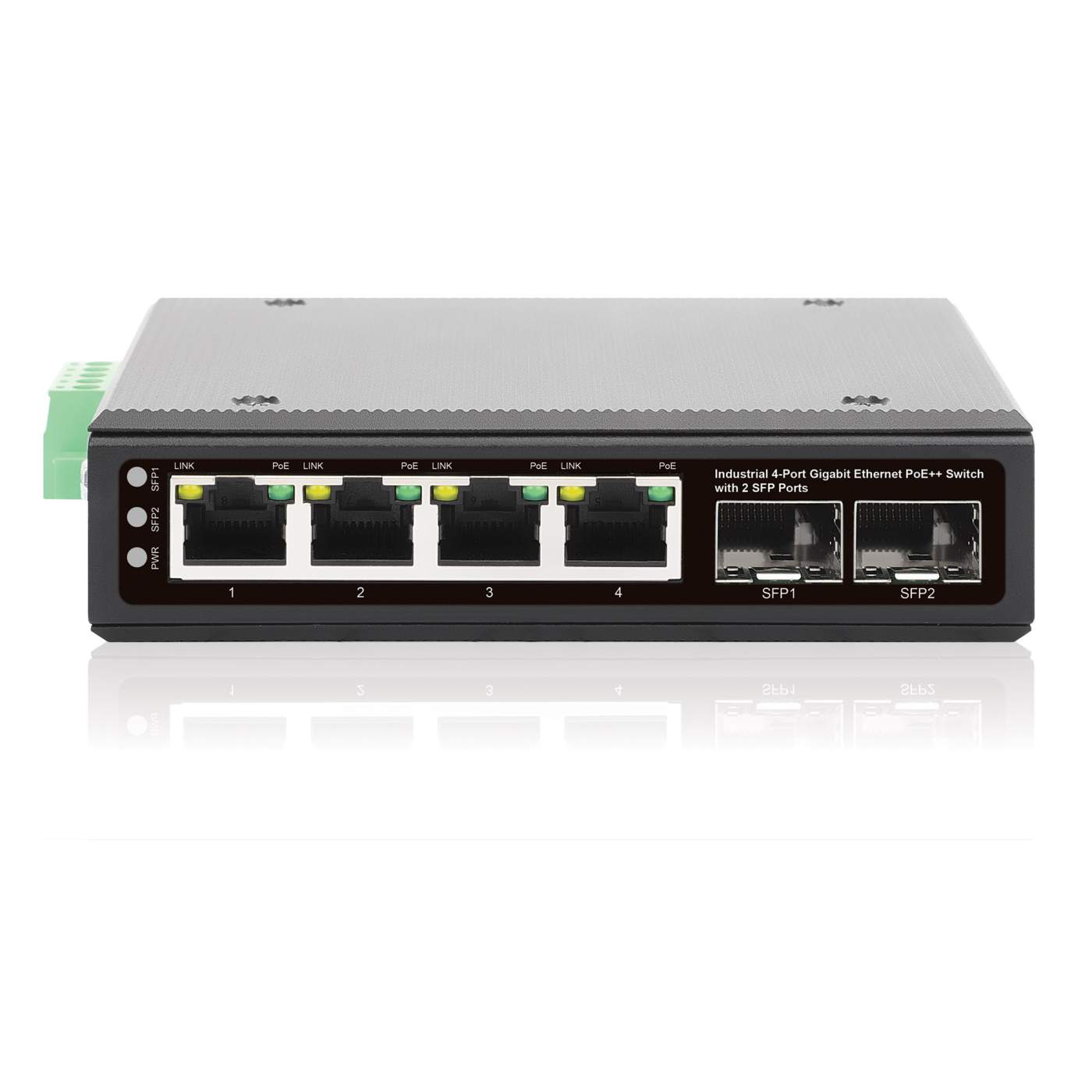 Intellinet Industrial 4-Port Gigabit Ethernet PoE++ Switch with 2 SFP Ports, IEEE 802.3bt (4PPoE) Compliant, PoE Power Budget Up to 240 W, Output. 508995