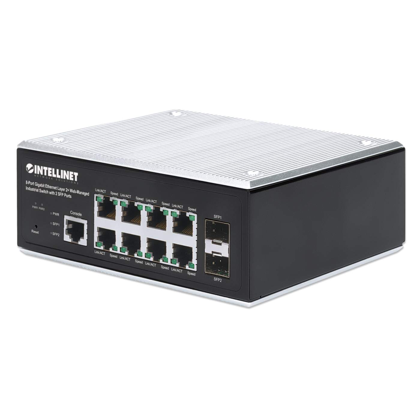 Industrial 8-Port Gigabit Ethernet Layer 2+ Web-Managed Switch with 2 SFP Ports Image 1