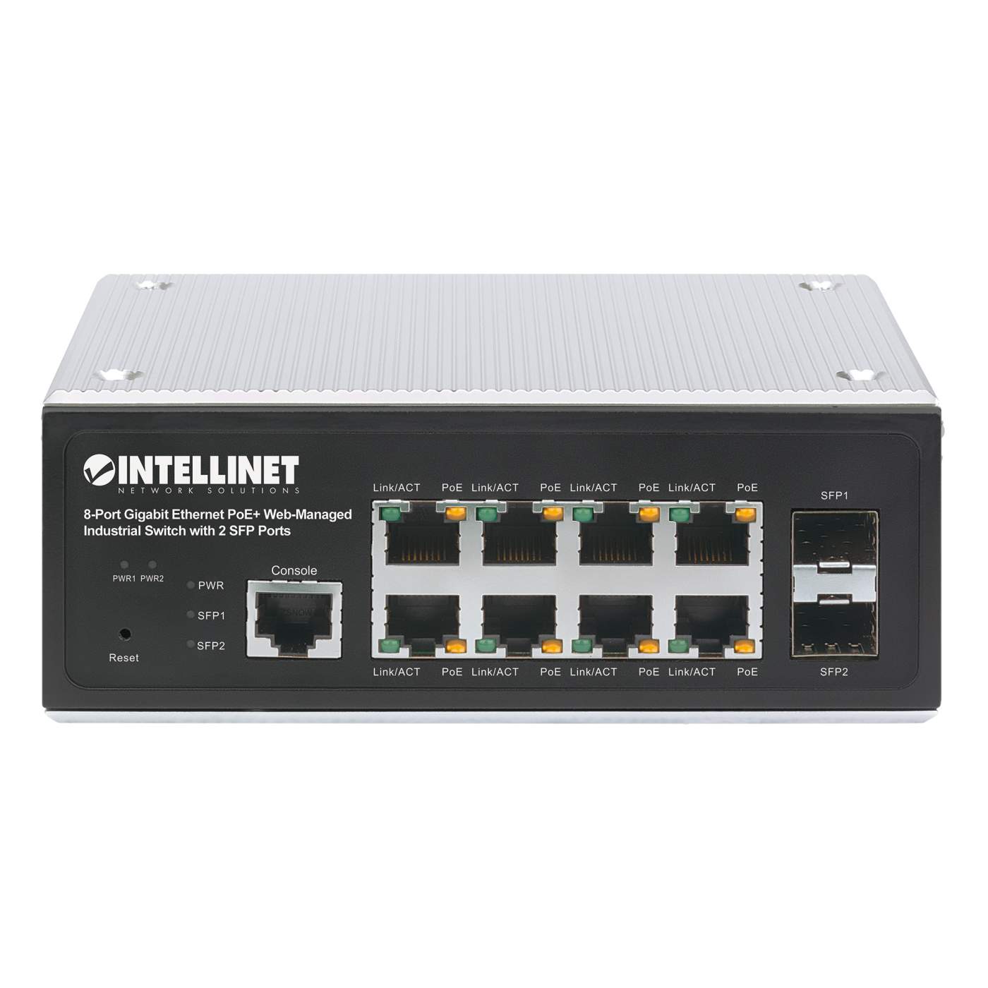 Industrial 8-Port Gigabit Ethernet PoE+ Layer 2+ Web-Managed Switch with 2  SFP Ports