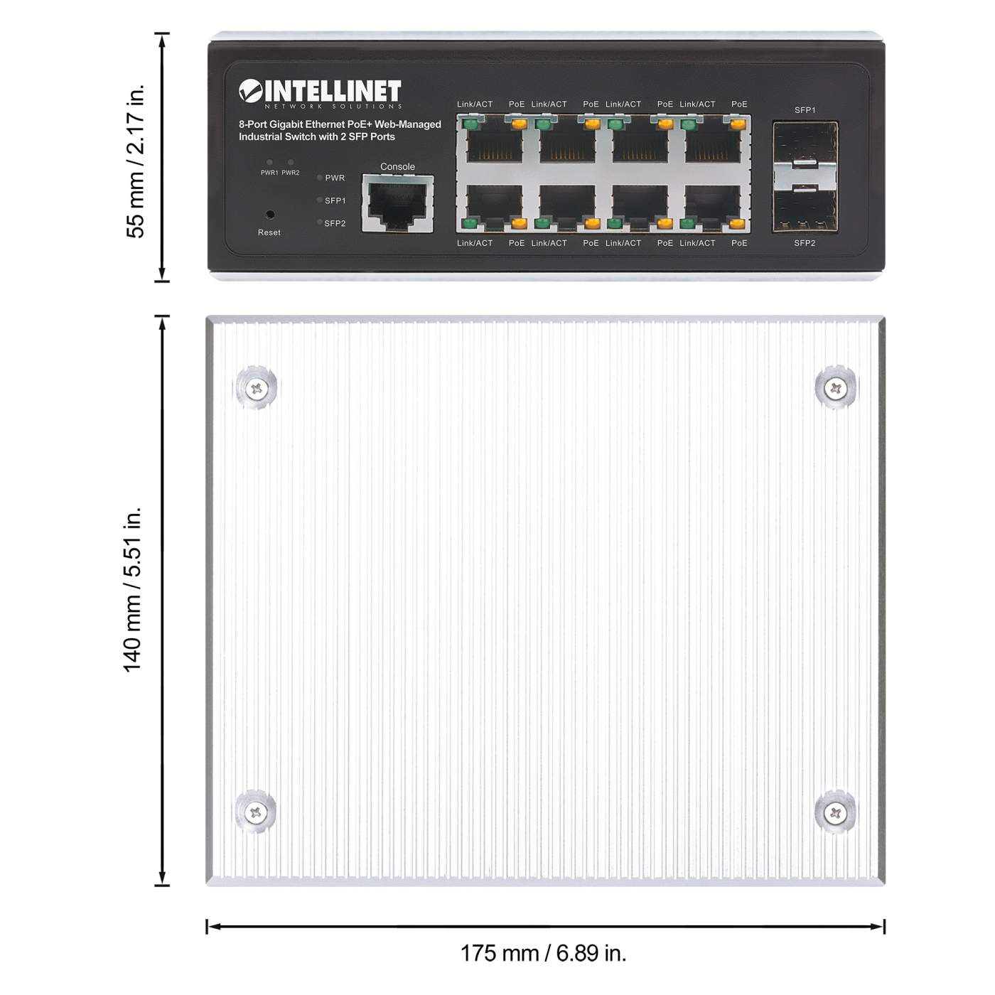 Industrial 8-Port Gigabit Ethernet PoE+ Layer 2+ Web-Managed Switch with 2  SFP Ports