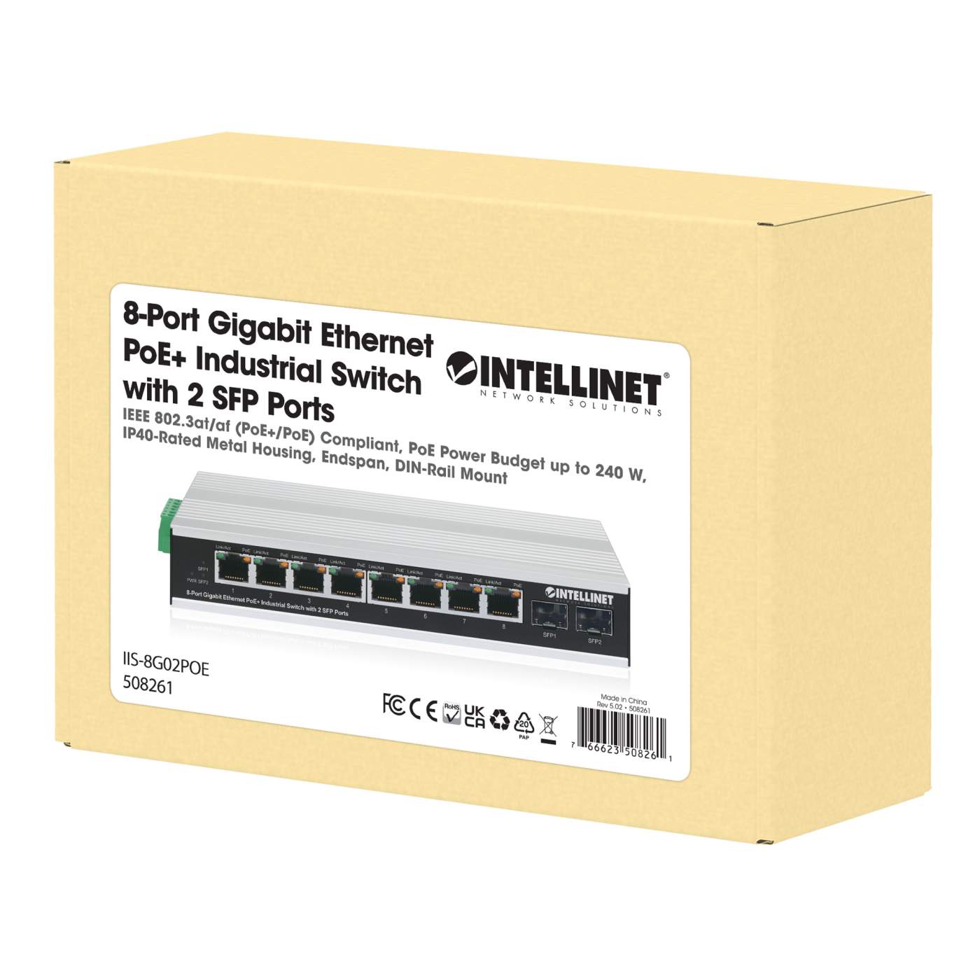 Industrial 8-Port Gigabit Ethernet PoE+ Switch with 2 SFP Ports Packaging Image 2