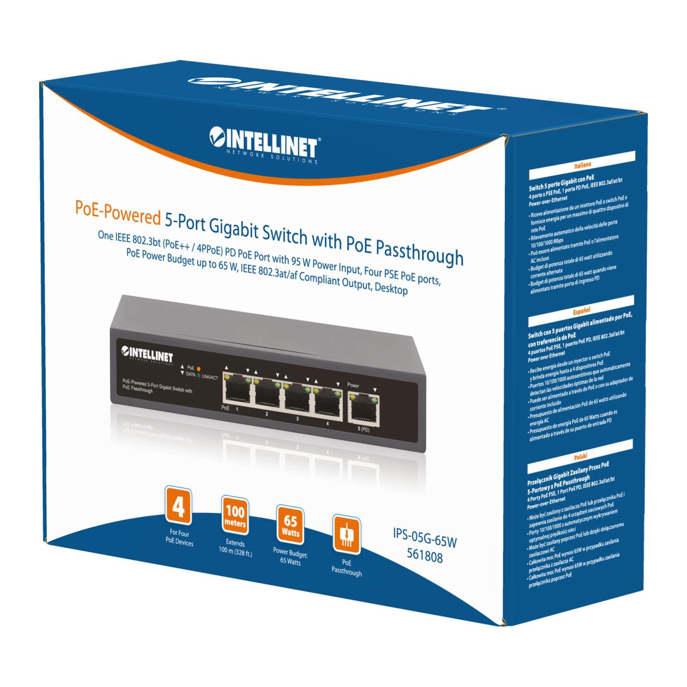 Intellinet 561808 5-Port PoE-Powered Gigabit Switch with PoE Passthrough