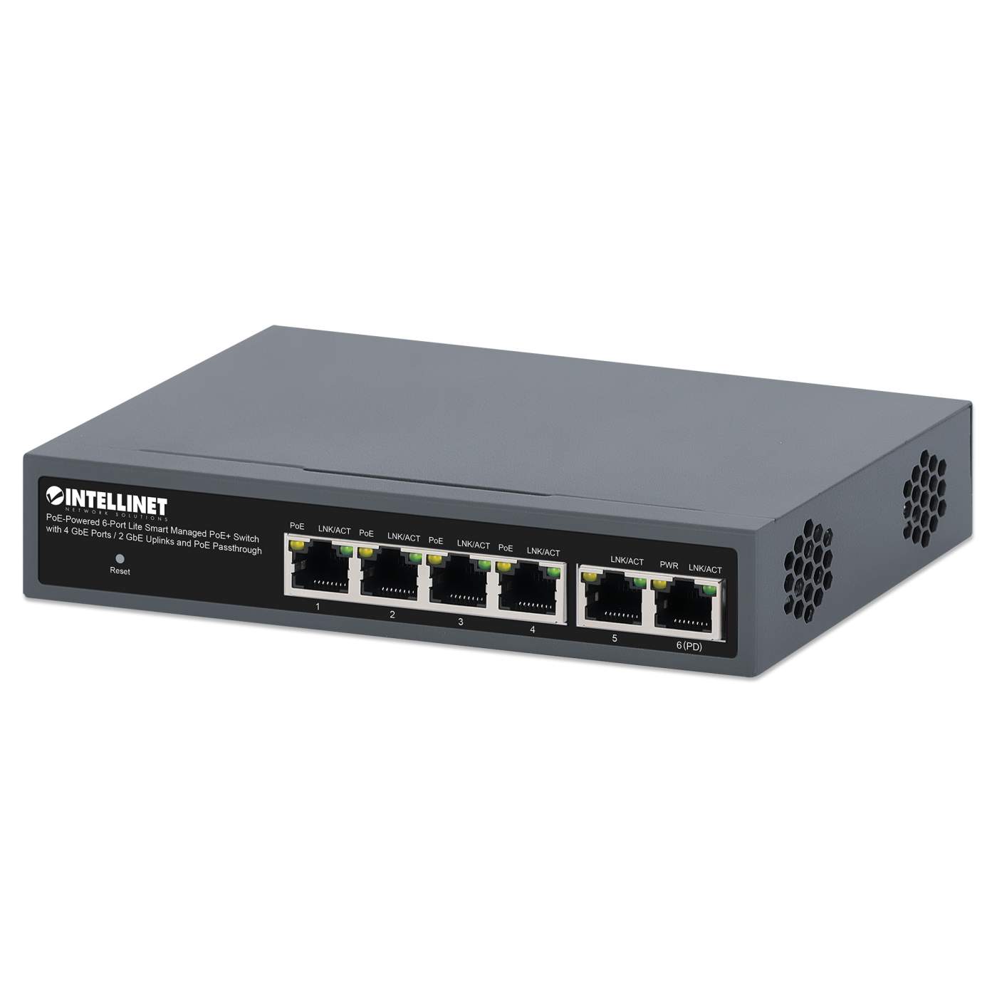 PoE-Powered 6-Port Lite Smart Managed PoE+ Switch with 4 GbE Ports / 2 GbE Uplinks and PoE Passthrough Image 1
