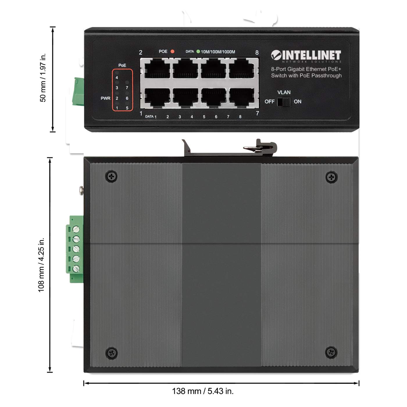 PoE-Powered 8-Port Gigabit Ethernet PoE+ Industrial Switch with PoE Passthrough Image 6