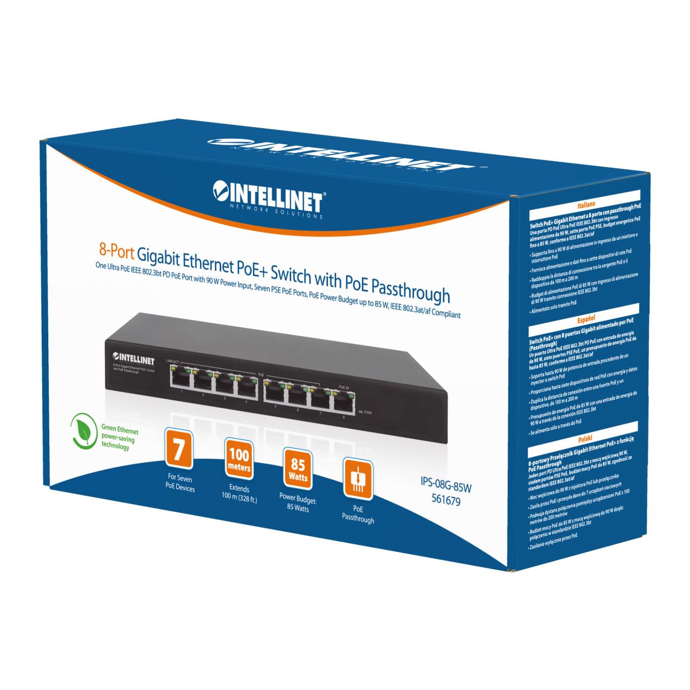 PoE-Powered 8-Port Gigabit Ethernet PoE+ Switch with PoE Passthrough Packaging Image 2